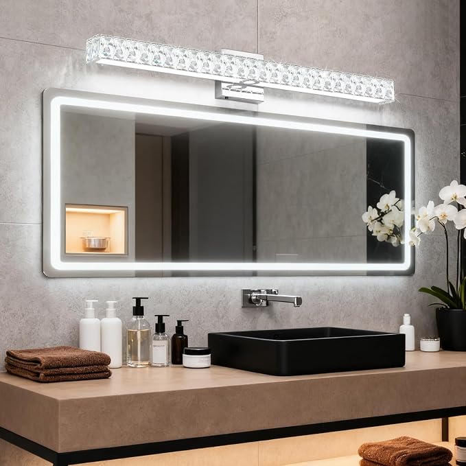 SOLFART Bathroom Light Fixtures, Crystal LED Modern Vanity Light, 32.5 Inch Chrome 5 Color Adjustable 5CCT