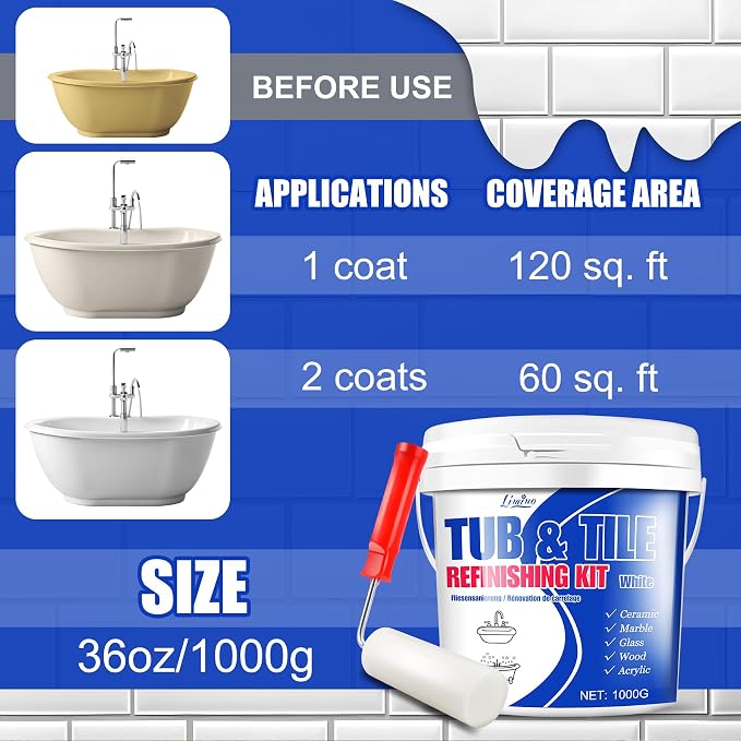 Tub and Tile Refinishing Kit - 35oz Semi-Gloss White Tile Paint with Tools for Bathtub Sink Countertop for Bathroom Kitchen, Bathtub Paint for Ceramic, Porcelain Fiberglass, Low Odor, 50-60 sq.ft