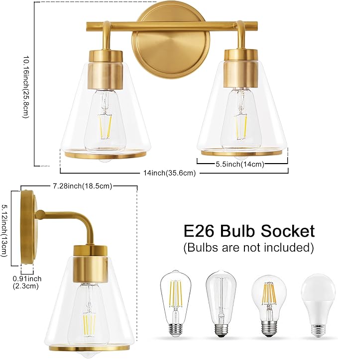 14" 2-Light Brushed Gold Modern Bathroom Vanity Light Fixtures Over Mirror | Clear Glass Shade, Heat-Resistant Ceramic E26 Socket, Wall Sconces, Rustproof, Fit 16–22 Inch Mirrors for Vanity Table