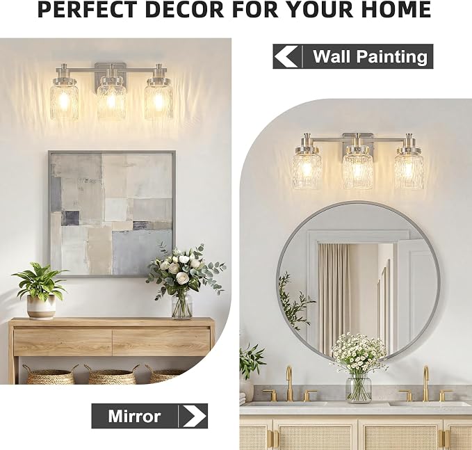3 Light Bathroom Vanity Light Fixtures Modern Brushed Nickel | ETL Certificate, Easy to Install,Wall Mount Up or Down,Hammered Glass Lampshade,E26 Socket,Hardwired,120V