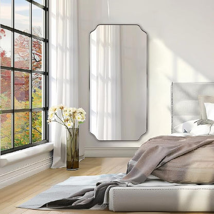 30"x60" Large Bathroom Mirror, Brushed Nickel Rectangle Scalloped Mirror, Modern Full Length Wall Mirror with Rust-Proof Stainless Steel Frame, Hangs Vertically or Horizontally