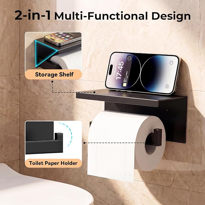5-Piece Bathroom Hardware Set, 23.6 Inch Towel Bar Set SUS304 Stainless Steel Towel Racks for Bathroom Round Towel Bar, Towel Ring, Toilet Paper Holder, 2 Robe Hooks, Wall Mounted (Black)