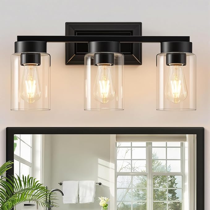 Bathroom Lights Over Mirror, 3 Light Bathroom Light Fixtures with Clear Glass Shade Modern Matte Black Vanity Lights Lighting for Bathroom, Mirror, Living Room, Bedroom, Hallway