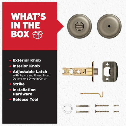 Kwikset Juno Interior Privacy Door Knob with Lock, Door Handle for Bathroom and Bedroom, Antique Brass Keyless Turn Lock Doorknob, with Microban Protection (Pack of 2)