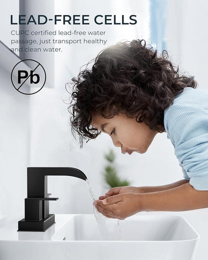 FORIOUS Square Black Bathroom Faucets for 2 Hole or 3 Hole, Waterfall 4 Inch Centerset Bathroom Sink Faucet with Metal Pop-up Drain and Supply Lines, Two Handles for Vanity, Laundry Room, 2 Pack