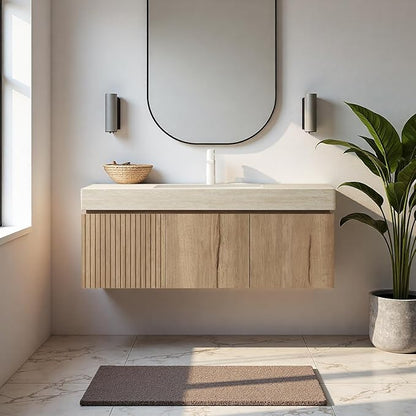 48" Bathroom Vanity with Sink, Wall-Mounted Plywood Bathroom Storage Cabinet with Ceramic Basin & Sintered Stone Countertop, Modern Pre-Assembled Floating Vanity with Drawer & Door, Oak