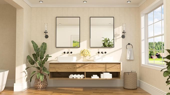 Black Mirror for Bathroom Sink 28" x 36" Matte Black Beveled Metal Frame Bathroom Vanity Rectangle Mirror for Wall, Modern Farmhouse, Tempered Glass, Shatterproof, Stronger Frame