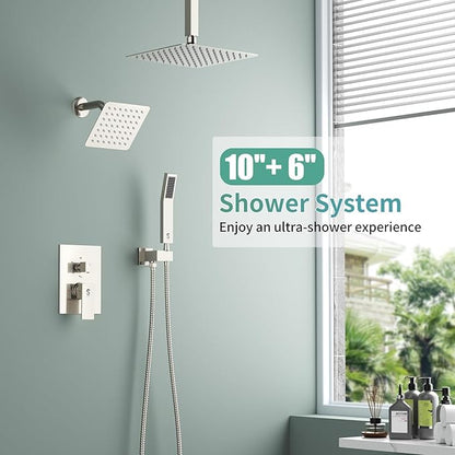 Shower Faucet Set Shower System - SR SUN RISE Brushed Nickel Shower Trim Kit with Dual Shower Head, 10'' Ceiling Rainfall 6'' Wall Mount with Handheld Shower for Couples, Complete 6 Diverter Valve