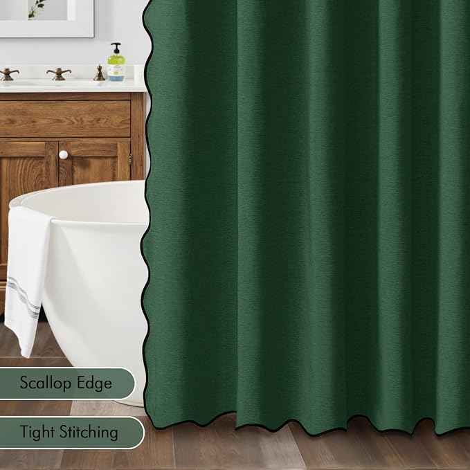 MIULEE Dark Green Scalloped Linen Shower Curtain 72x72 Inches | Linen Textured, Waterproof, Washable, 12 Metal Hooks, Heavy Duty Cloth, Black Border, Shower Curtain for Bathroom Bathtub