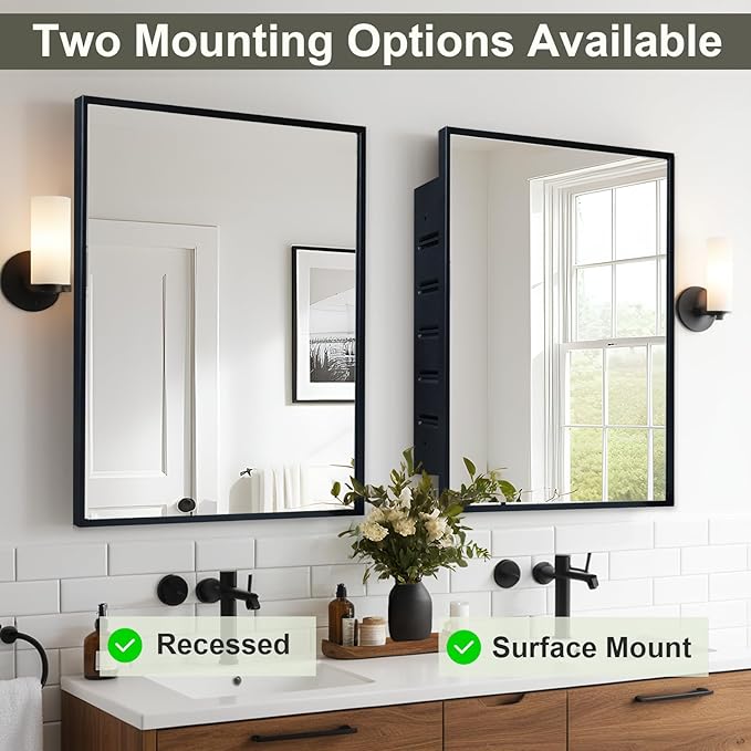 Recessed Medicine Cabinets with Mirror, Black Bathroom Mirror with Storage, Rectangle Medicine Cabinet Vanity Mirrors, Farmhouse Metal Framed Wall Mirror Recessed or Surface Mount, 18x24 Inch