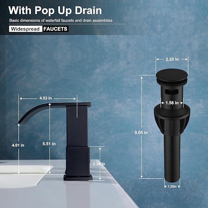 3 Hole Bathroom Faucet, Matte Black 8 inch Bathroom Sink Faucets Widespread 2 Handles, Metal Square Modern Waterfall 3 Hole Bathroom Vanity Faucets with Pop Up Drain, Black Faucet
