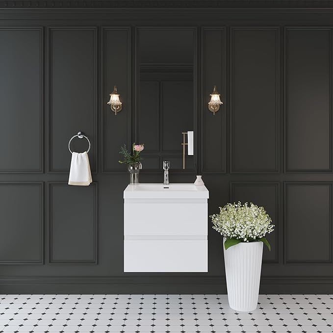 Floating Bathroom Vanity with Sink, 24" Wall-Mounted Bathroom Storage Vanity Cabinet with Resin Top Basin and Soft Close Drawers, No Assembly Required, Glossy White