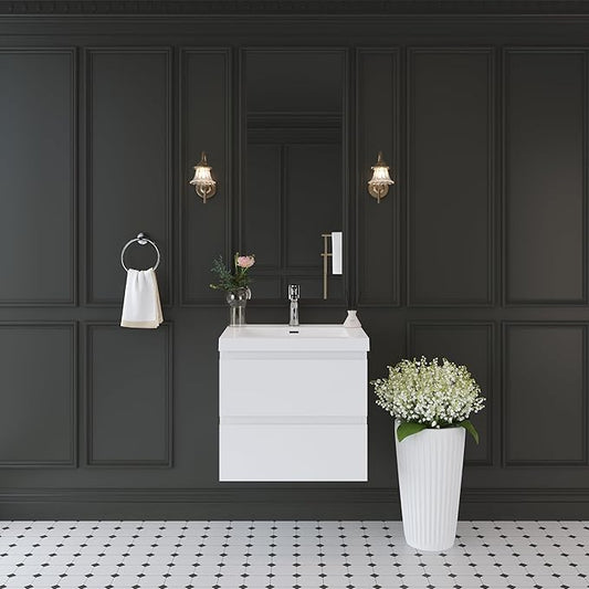 Floating Bathroom Vanity with Sink, 24" Wall-Mounted Bathroom Storage Vanity Cabinet with Resin Top Basin and Soft Close Drawers, No Assembly Required, Glossy White
