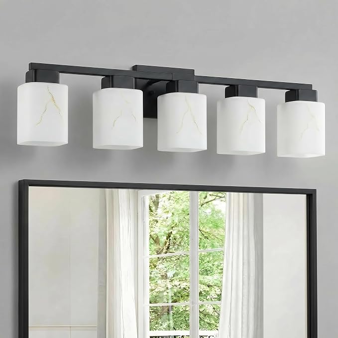 5-Light Square Bathroom Light Fixture, Black Modern Vanity Light with White Marble Glass Shade, for Bathroom Mirror, Living Room, Bedroom, Hallway, E26 Base