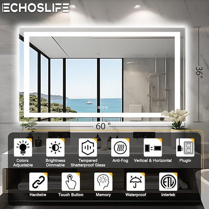 EchosLife 60"x36" LED Mirror for Bathroom | Backlit + Front Lit, Anti-Fog, Stepless Dimmable, 3 Colors, Memory, Tempered Glass, UL Listed, Horizontal/Vertical