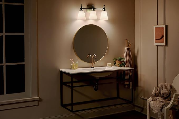Kichler Cosabella 3 Light in Champagne Bronze with Satin Etched Cased Opal Glass Shades for Bathrooms and Powder Rooms, 24" W x 10.25" H, 55092CPZ
