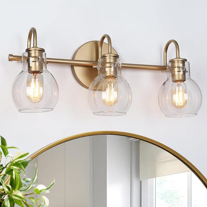 Gold Bathroom Light Fixtures, 22'' Modern Vanity Lights with Clear Glass Globes, 3-Light Bathroom Lighting Over Mirror