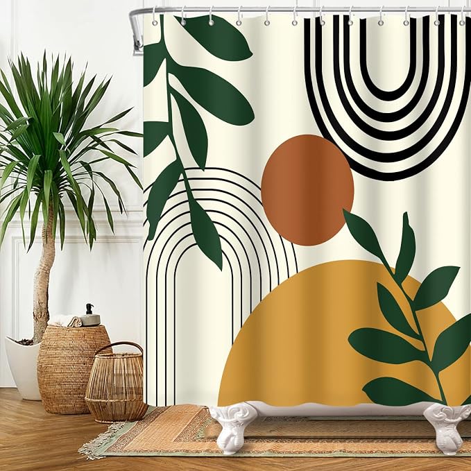 Abstract Boho Mid Century Shower Curtains for Bathroom Geometric Leaves Moon Phase Beige Modern Minimalistic Plant Fabric Waterproof Bathroom Curtain Decor Set with 12 Hooks 72x72 Inch