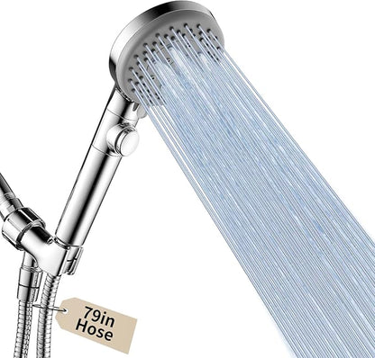 Handheld Shower Head with 79" Extra Long Hose 7 Modes, Chrome | High Pressure Shower Head with On/Off Switch Button, Powerful Wash Modes, for Baby and Pets Bath