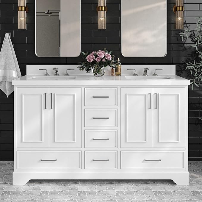ARIEL Stafford 60-inch Bathroom Vanity with Sink,Solid Wood, 1.5-inch Pure White Quartz Countertop & Backsplash, Double Rectangular Porcelain Sink, 4 Soft Closing Doors, 6 Dovetail Drawers, White