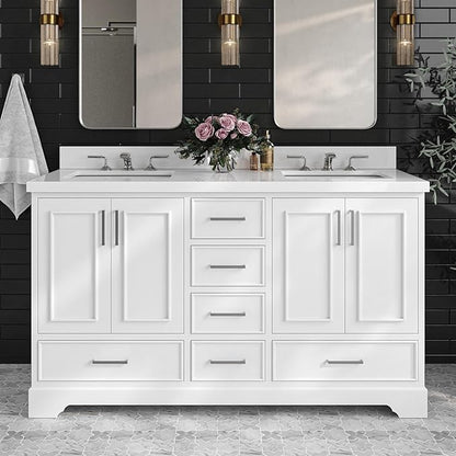 ARIEL Stafford 60-inch Bathroom Vanity with Sink,Solid Wood, 1.5-inch Pure White Quartz Countertop & Backsplash, Double Rectangular Porcelain Sink, 4 Soft Closing Doors, 6 Dovetail Drawers, White