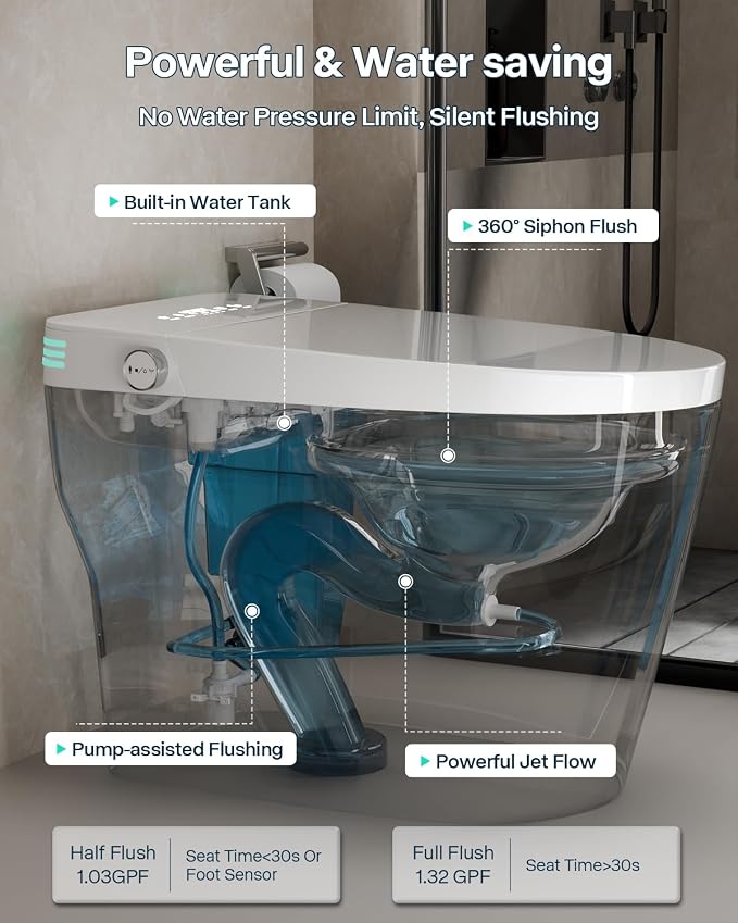 Smart Toilet with Bidet Built In, ADA Comfort Height, One Piece Elongated Toilet with Tank Built in, Pump, Auto Open Close Quiet Flush, Foam Shield, Voice Control Heated Seat,Instant Warm Water