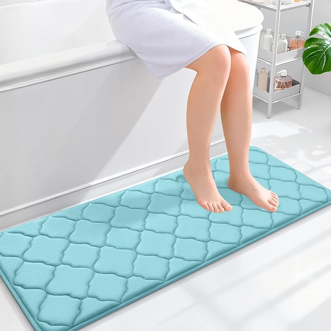 OLANLY Memory Foam Bath Mat Rug 47x17, Ultra Soft and Absorbent Bathroom Rugs, Non-Slip, Comfortable, Machine Washable Bath Carpet for Bathroom Floor, Tub, Shower and Home Decor Accessories, Sky Blue