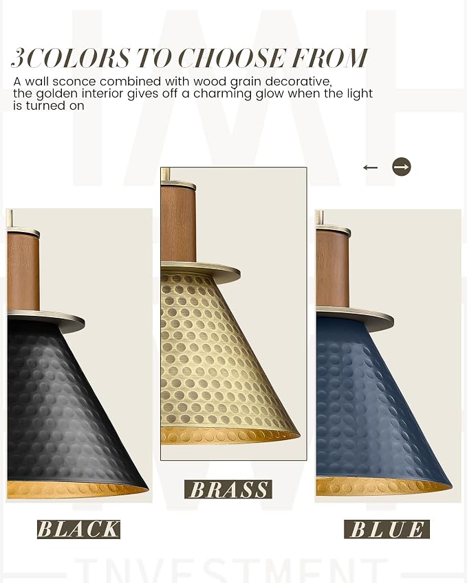 Barn Sconce Wall Lighting, HWH Gold Wall Sconces Indoor Wall Lights, 1-Light Vanity Wall Lamp for Bathroom Bedroom Bedside Kitchen, Hammered Metal Shade, Antique Brass Finish, 5HZG74B BG