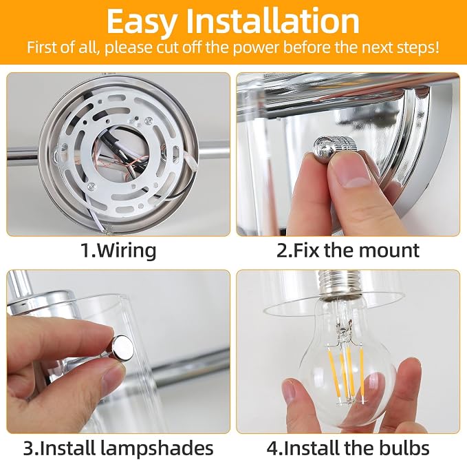 3 Lights Vanity Light, Bathroom Wall Light Fixture Over Mirror | Modern Metal Wall Sconce with Clear Glass Shade, Farmhouse Wall Mount Lamp for Washroom, Bathroom Living Room, Workshop