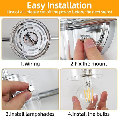 3 Lights Vanity Light, Bathroom Wall Light Fixture Over Mirror | Modern Metal Wall Sconce with Clear Glass Shade, Farmhouse Wall Mount Lamp for Washroom, Bathroom Living Room, Workshop