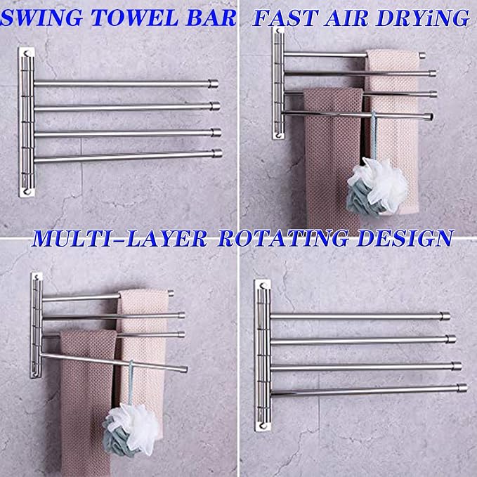 GERZWY Wall Mount Bath Towel Rack with 4 Arms Hanger Towel Holder Bathroom Swing Arm Towel Bars Organizer Polished Stainless Steel HYG04-JG