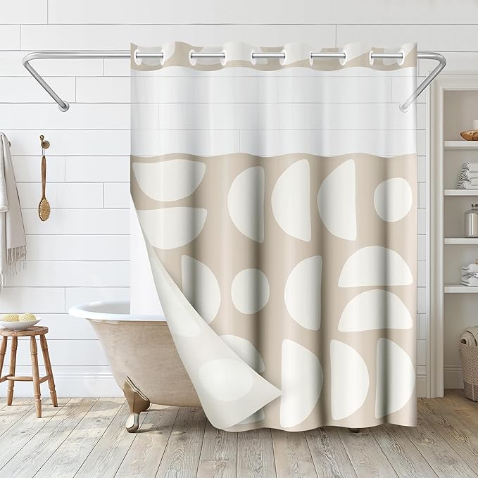Americanflat 72x75 Hookless Shower Curtain - Water-Resistant Modern Shower Curtain with Sheer Panel, Snap-in Liner, and Durable Grommets - 100% Polyester - Warm Beige and Ivory