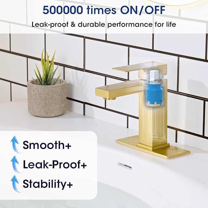 Brush Gold Bathroom Faucet, Stainless Steel Vanity Faucet with Pop Up Drain Stopper and Water Hoses, Easy to Install Bathroom Faucet 1 Hole for Bathroom Sink, Vanity, RV, Farmhouse