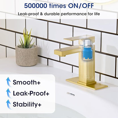 Brush Gold Bathroom Faucet, Stainless Steel Vanity Faucet with Pop Up Drain Stopper and Water Hoses, Easy to Install Bathroom Faucet 1 Hole for Bathroom Sink, Vanity, RV, Farmhouse