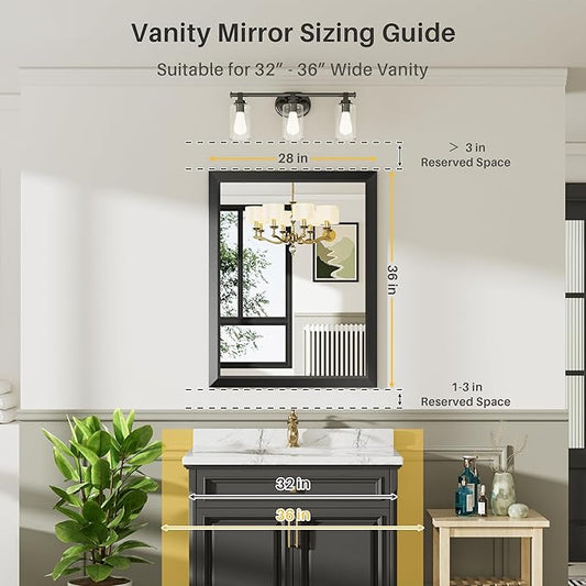 28x36 Inch Black Bathroom Mirror for Wall, Thick Metal Framed Rectangle Mirrors for Over Sink, Bedroom, Living Room, Entryway, Anti-Rust, HD Tempered Glass