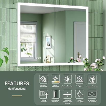 40x30 Inch Medicine Cabinet with Lights, AL Alloy Frame, Plug-in or Hardwired, Recessed or Wall Mount, Mirror Doors/3 Colors/Dimmable/Interior Sensor Light/Defog,2 Outlets & USBs,2 Shelves
