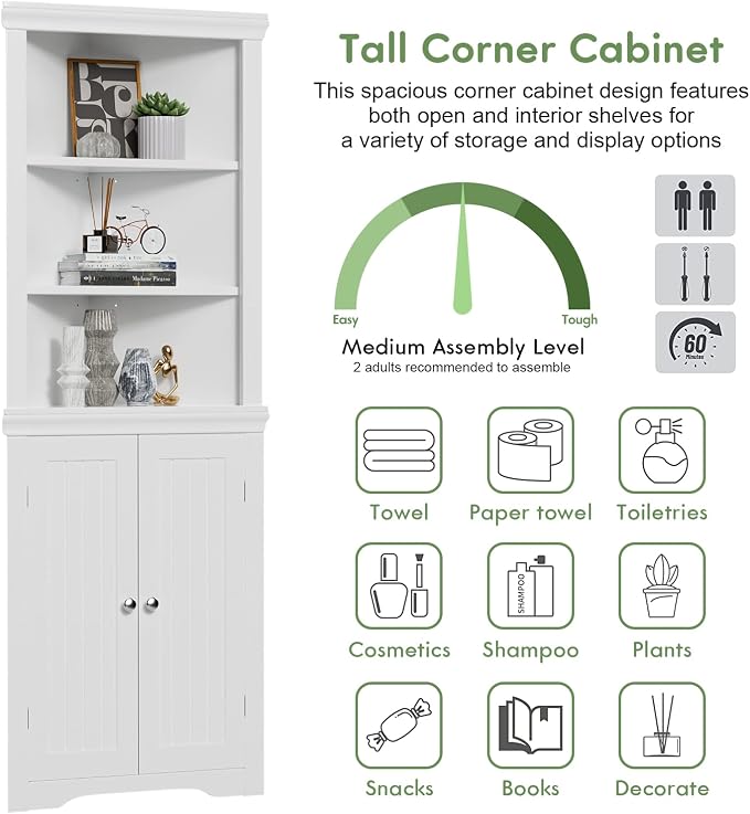 YESHOMY Corner Cabinet, Storage Cupboard with Doors, White | Tall Storage Cabinet with Adjustable Shelves, for Living Room, Bathroom, Kitchen