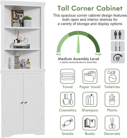 YESHOMY Corner Cabinet, Storage Cupboard with Doors | Tall Storage Cabinet with Adjustable Shelves, for Living Room, Bathroom, Kitchen, Warm White