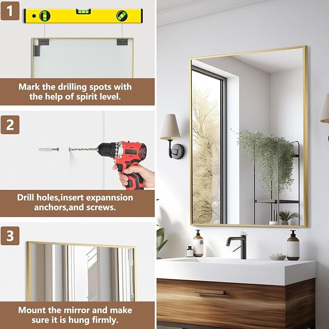 Gold Bathroom Mirror, 48"x30" Rectangle Mirror, Brushed Gold Mirror, Metal Frame Square Corner Vanity Mirror, Wall Mounted Mirror for Modern, Living Room, Bedroom, Horizontal Or Vertical