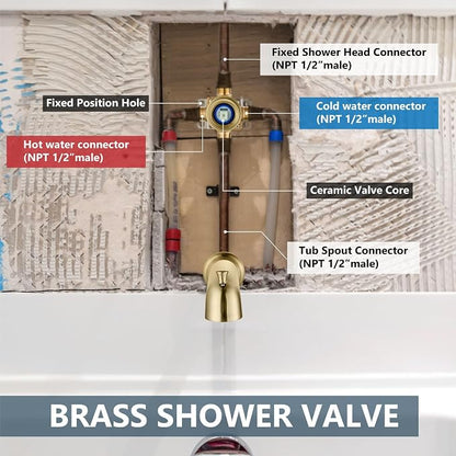 Aolemi Tub Shower Faucet Set Dual 8 Mode Head Valve Kit Brushed Gold | Valve and Trim Kit, ABS Shower Head and Handheld System, Bathroom Bath Tub Spout 6.3",SUS304,Single Handle