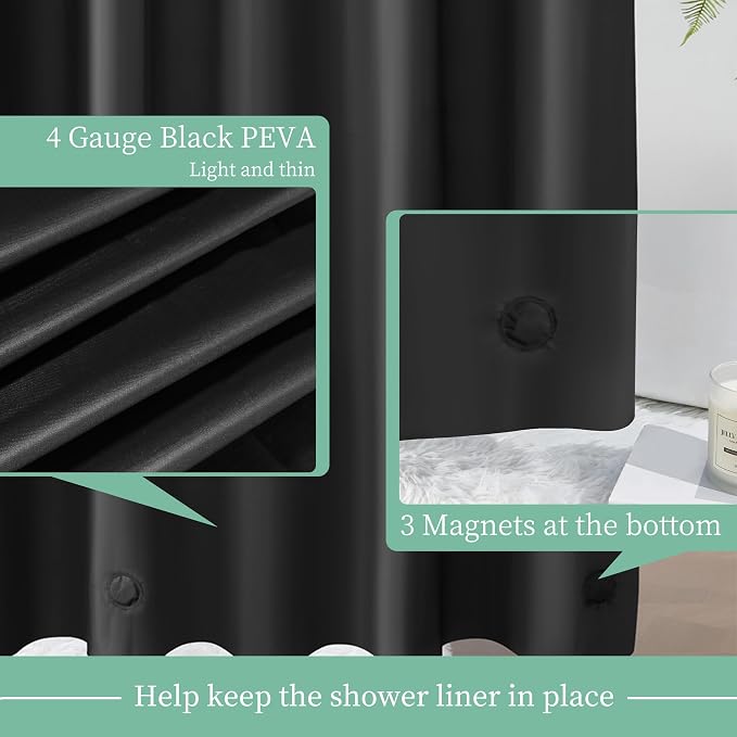 Mrs Awesome Black Shower Curtain Liner with 3 Magnets, 72x72 | 12 Rustproof Grommets, Premium Plastic Shower Curtain for Bathroom Lightweight & Waterproof,72W x 72H