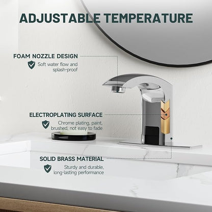 Touchless Bathroom Sink Faucet, Greenspring Automatic Sensor Faucet, Hands Free Vanity Faucets, Commercial Deck Mount Bathroom Faucet with Cover Plate, Chrome