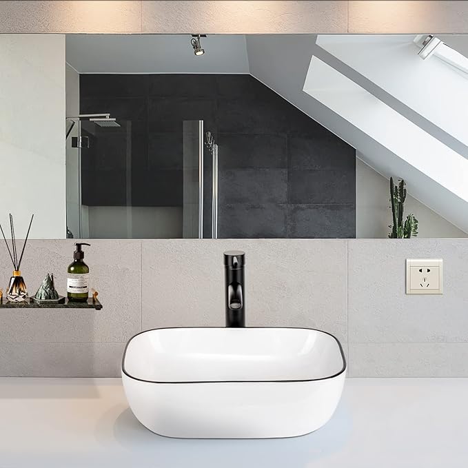 Bathroom Vessel Sink with Faucet Combo, 18" x 13" White Ceramic Above Counter Basin with Black Rim, Modern Rectangular Porcelain Vanity Sink & Pop-Up Drain for Lavatory