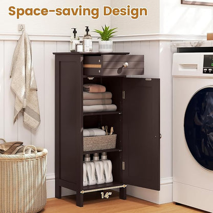 Giantex 34.5" Bathroom Cabinet with Drawer & Single Door (Brown) | Narrow Side Storage Organizer with 6 Shelf Positions, Freestanding Floor Storage Cabinet for Bathroom, Living Room, Entryway