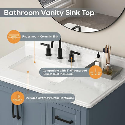 36 Inch Bathroom Vanity with Sink, Bathroom Storage Cabinet with Soft Closing Doors & Dovetail Drawers, Adjustable Feet, Solid Wood Frame, Steel Blue