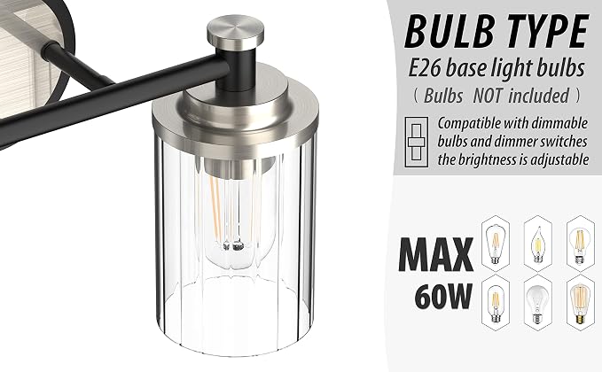 Bathroom Lighting Fixtures Black and Brushed Nickel Bathroom Vanity Light with Cylindrical Clear Stripes Glass Lampshade E26 Socket Base Bathroom Lighting Fixtures Over Mirror (3 Lights)