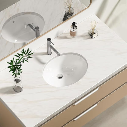 Enbol 16x13 inch Oval Undermount Ceramic Bathroom Sink - White Porcelain Vessel Lavatory Basin with Overflow, Countertop Vanity Sink ECU1613-1