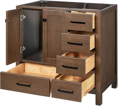 ARIEL Cambridge 36-inch Bathroom Vanity Base Cabinet,Solid Wood, 2 Soft Closing Doors, 5 Dovetail Drawers, Brown Oak