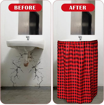 Fabric Sink Skirt Diamond Bathroom Stitch Self Stick Adhesive Waterproof Fabric Under Sink Curtain Skirt 55 x 32 Inch Adds Bathroom Storage(Red and Black,Classic Style)