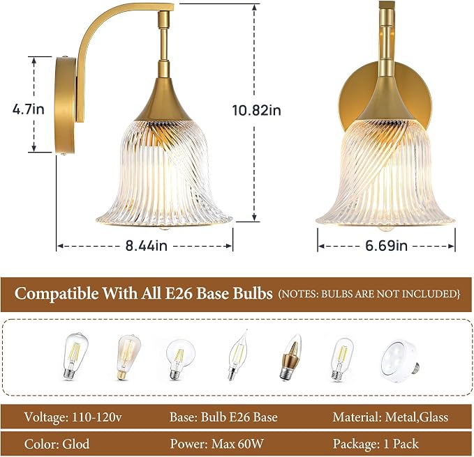 1-Light Gold Wall Sconce, Modern Brass Bathroom Sconces | with Textured Glass Shade, Vintage Wall Lamp for Dining Living Room Bedroom Bathroom Hallway Mirror, E26